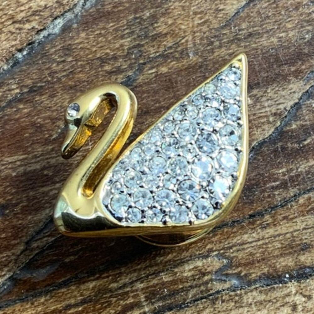 Vintage Small‎ Swarovski Crystal Logo Gold Tone Swan Pin